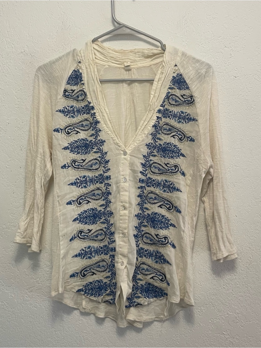 Cream Button-Down Shirt with Blue Embroidered Panels